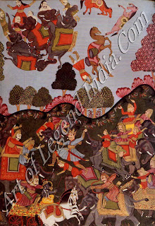 Drona and Karna fighting Arjuna and Bhima. Bhima, son of the wind god Vayu, throws camels, elephants, horses and men up into the air so that they are smashed as they fall back to earth. Episode from the epic Mahabharata. The epics, incorporating mythological material, were composed about the fifth century B.C. but were not written down for nearly a thousand years, and illuminated manuscripts became common only after the fourteenth century A.D. Persian manuscript A.D. 1761-63. 