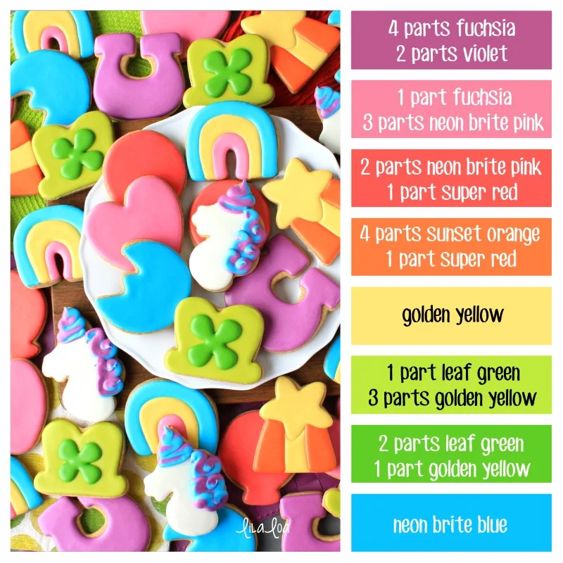 Lucky Charms decorated sugar cookies with rainbow colored icing and color formulas