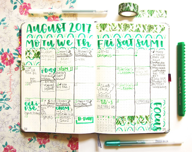 filled out August bullet journal monthly log