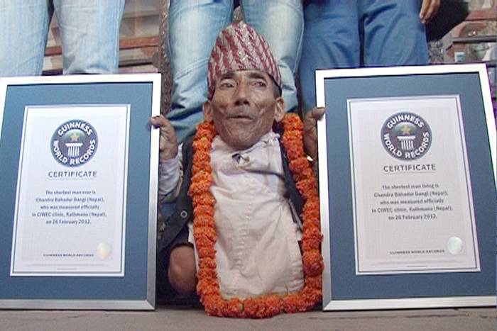 The Shortest adult human ever recorded after measuring his height three times in 24 hours. The chief editor of Guinness Book of World Records said that Chandra is the only person in Guinness' 57 years history to record the title of the shortest man at the age of 73.