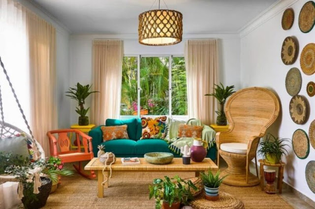 Phòng khách có thiết kế nội thất theo phong cách nhiệt đới