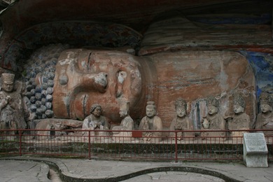 Rock Carvings, Niche of Askyamuni (Buddha) Entering Nirvana, 31 meters long, carved 1174 - 1252 AD, Dazu, China, 2009 (4944)