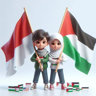 Gambar Anak Laki Laki dan Anak Perempuan Membawa Bendera Palestina dan Indonesia Lucu 3D