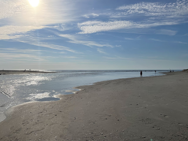 A view of the beach at low tide.