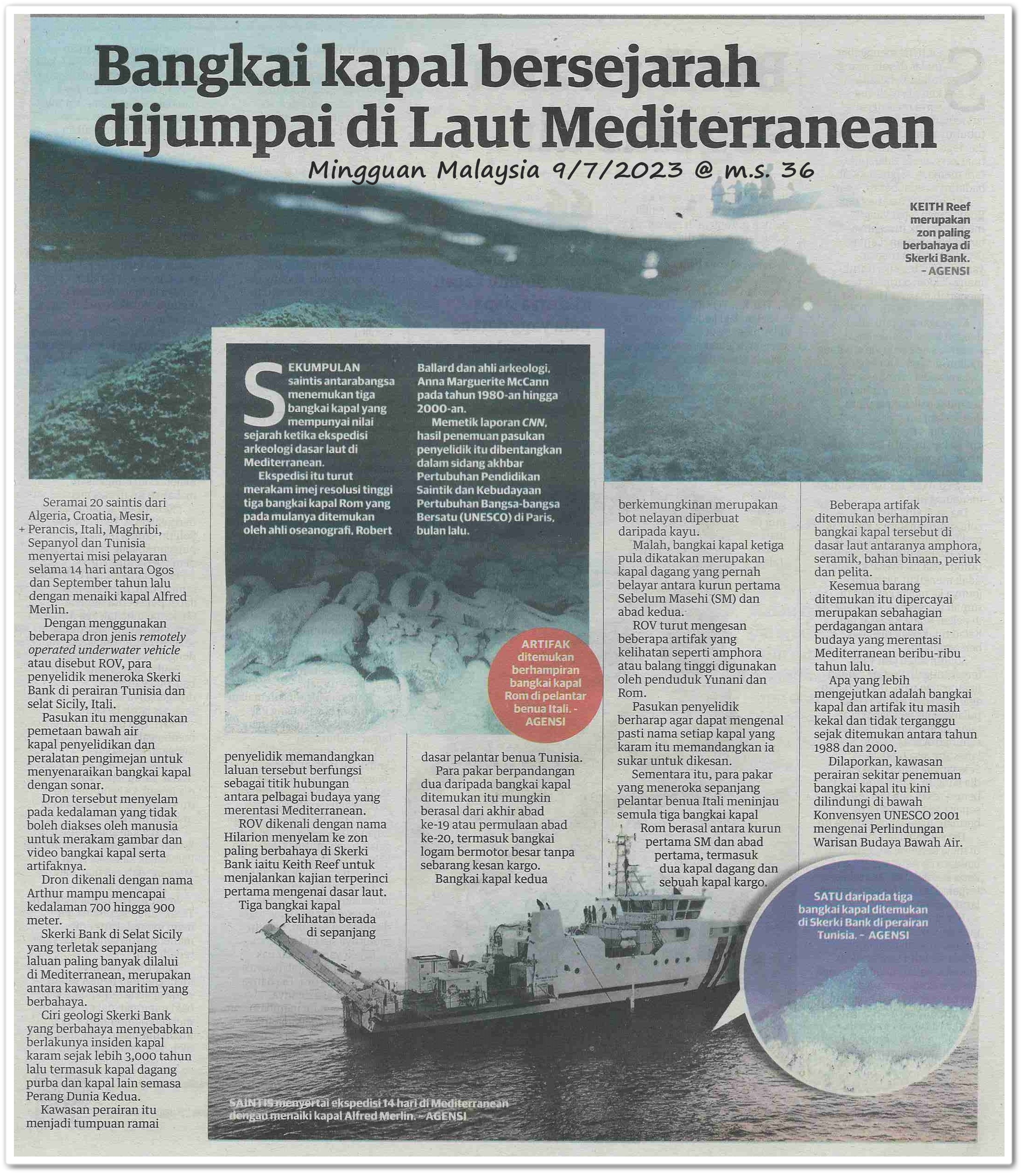 Bangkai kapal bersejarah dijumpai di Laut Mediterranean - Keratan akhbar Mingguan Malaysia 9 Julai 2023