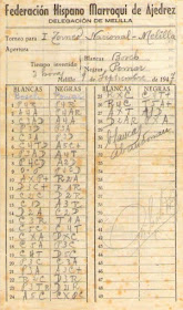 Planilla de la partida de ajedrez Bosch - Pomar, I Torneo Nacional de Melilla 1947