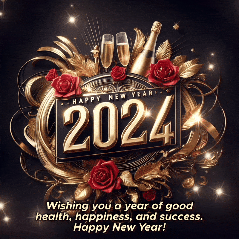 Happy New Year 2024 Wishes Images with flowers and champagne glasses