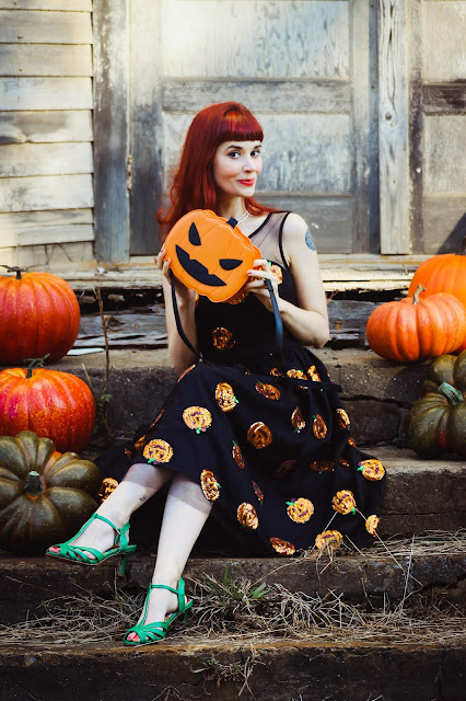 Black Mesh & Orange Sequin Pumpkins Vanity Swing Dress Dress Review Blogger Unique Vintage