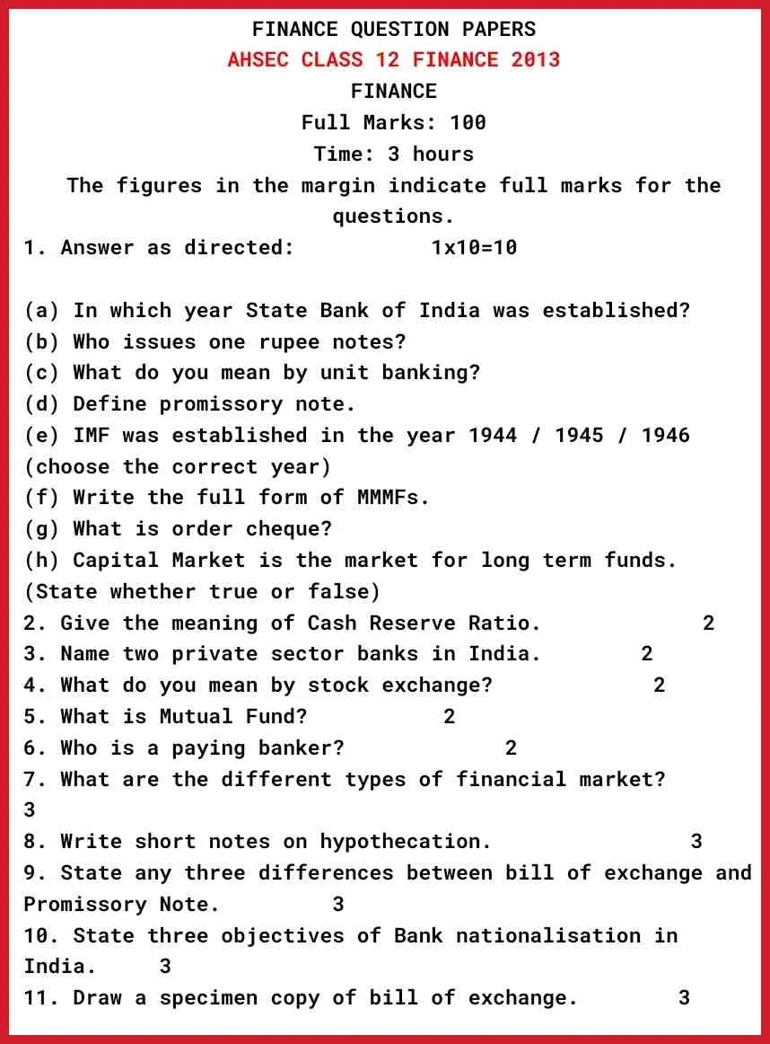 AHSEC Class 12 Finance Question Paper 2013,HS 2nd Year Finance Question Paper 2013
