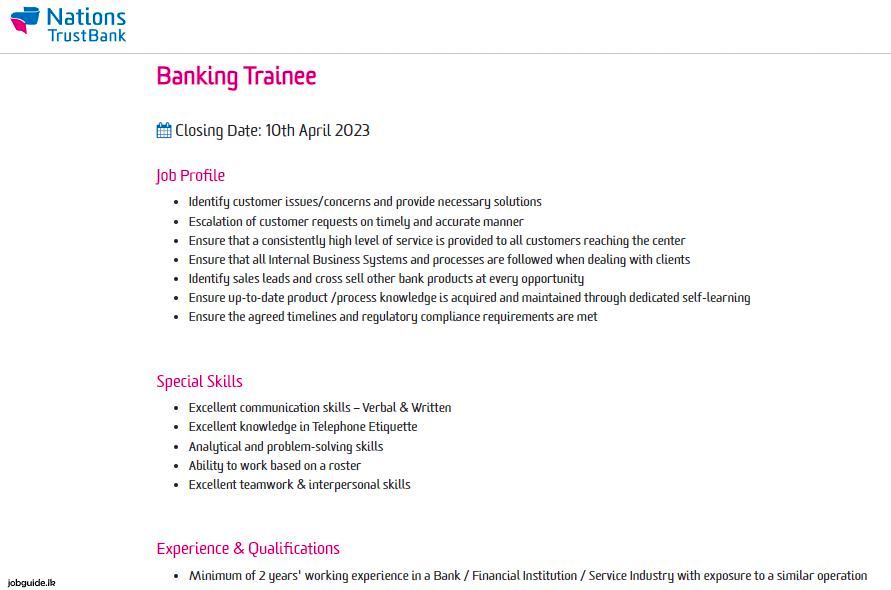 Nations Trust Bank Banking Trainee 2023