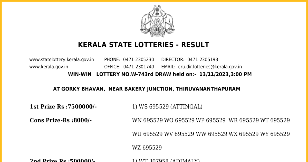 Kerala Win Win W.743 Lottery Result 2023 Today 13-11-23 LIVE