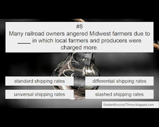 Many railroad owners angered Midwest farmers due to ____ in which local farmers and producers were charged more. Answer choices include: standard shipping rates, differential shipping rates, universal shipping rates, slashed shipping rates