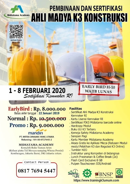 Ahli Madya K3 Konstruksi kemnaker tgl. 1-8 Februari 2020 di Jakarta