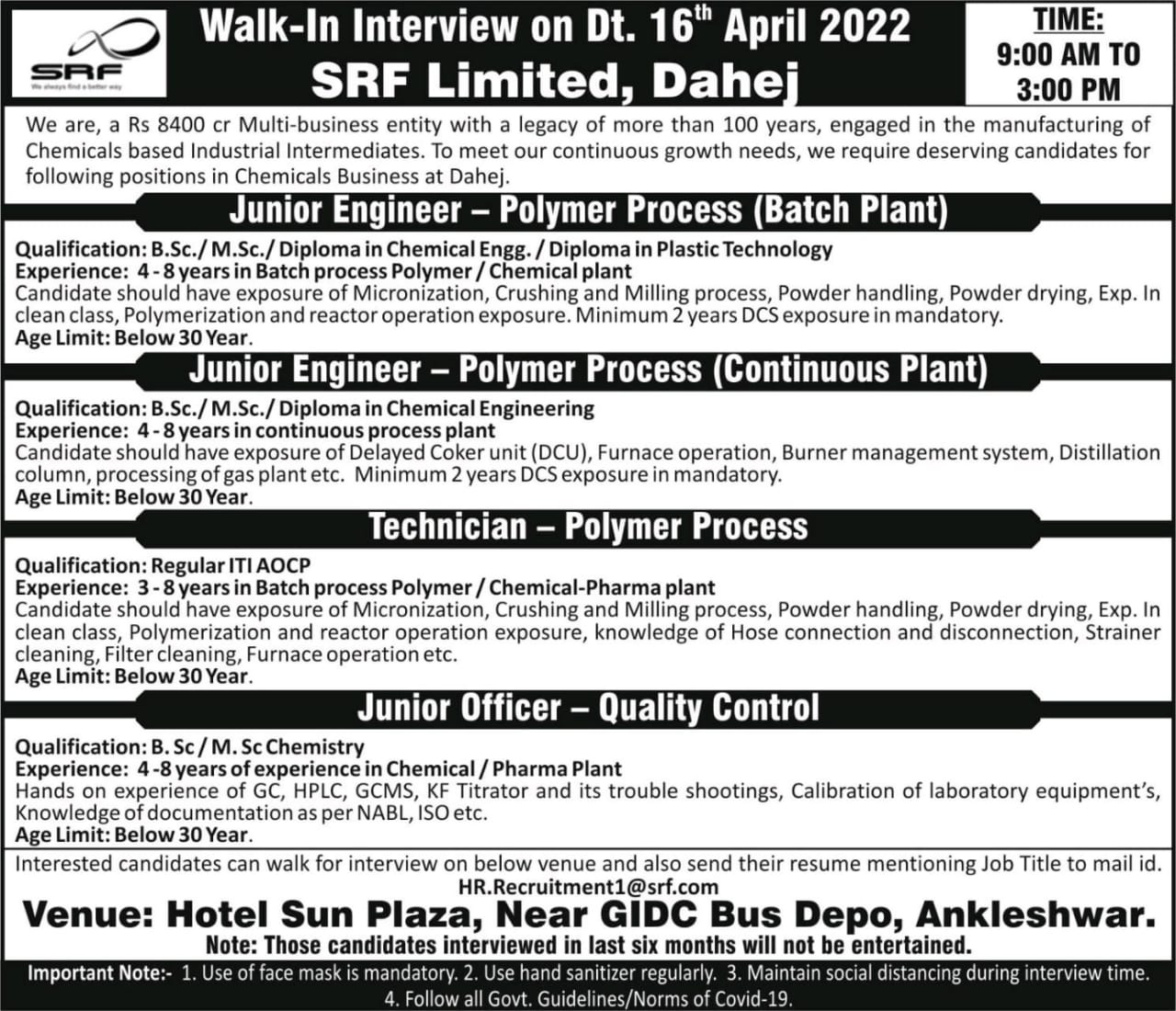 Job Availables,SRF Limited Walk-In-Interview For Diploma Chemical Engineering/ Plastic Technology/ BSc/ MSc/ ITI AOCP