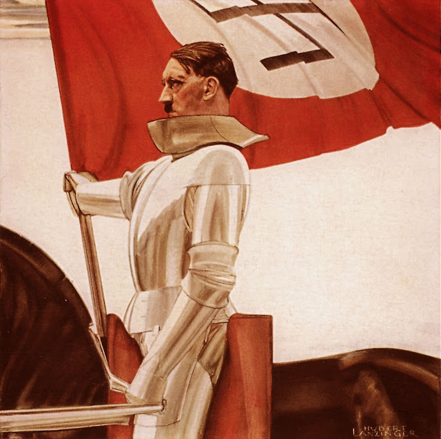 Na pintura podemos ver Adolf Hitler montado em uma cavalo, vestindo uma armadura de placas de metal. Ele segura a bandeira vermelha do partido nazista em sua mão direta.