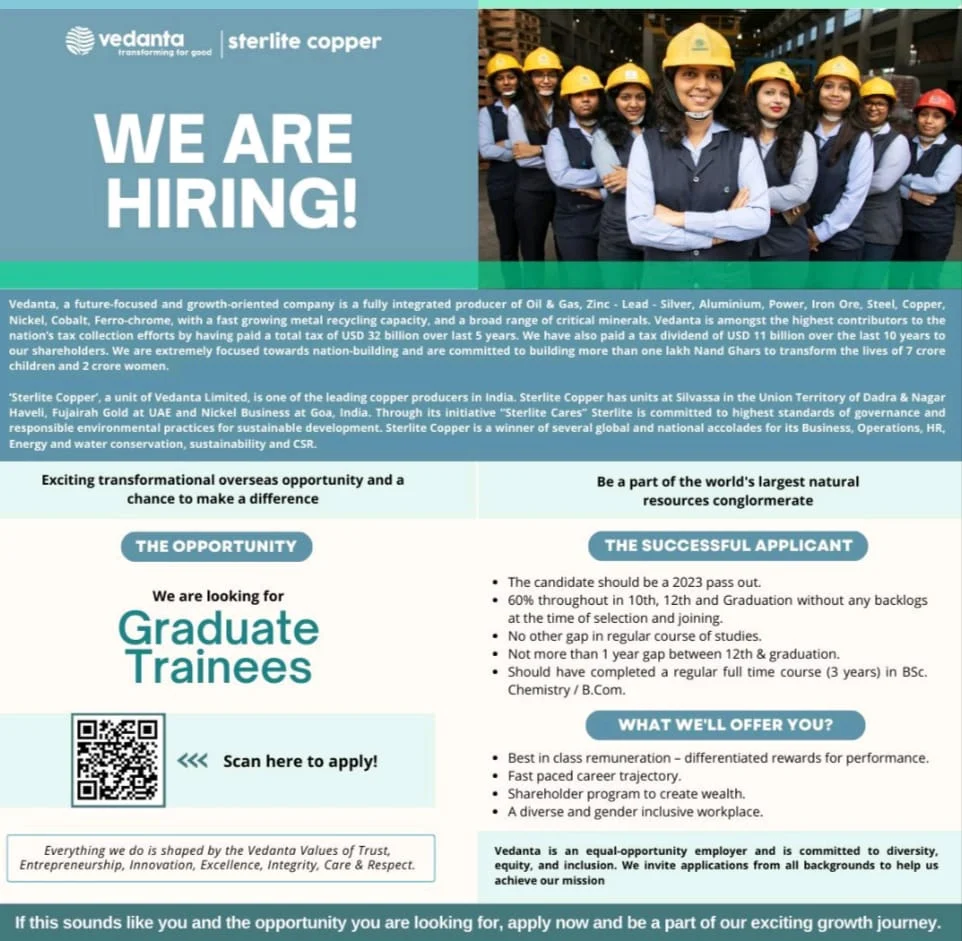 Vedanta Sterlite Copper Graduate Engineer Trainee (GET) Jobs in India: Current Walk-In Interview for Freshers