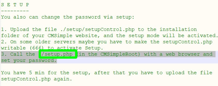 call setup php file inside cmsimple folder to change password