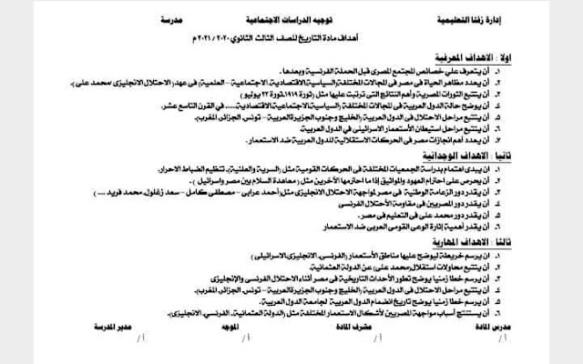 اهداف مادة التاريخ للصف الثالث الثانوى 2020/2021