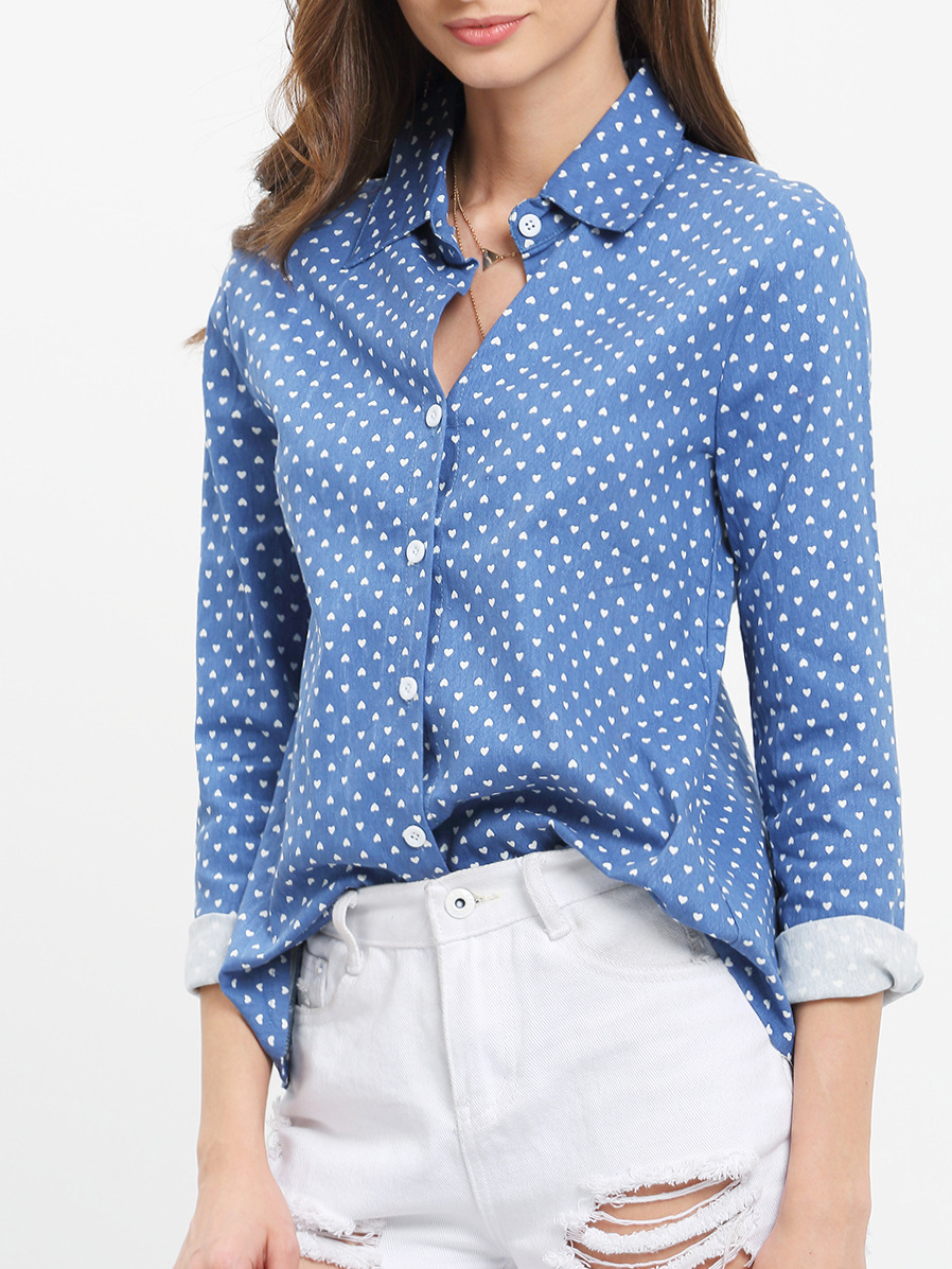  Blue Lapel Hearts Print Split Back Blouse