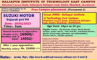 ITI Apprentice Campus Placement Drive at Baliapur Institute of Technology East Campus, Sindri, Dhanbad, Jharkhand