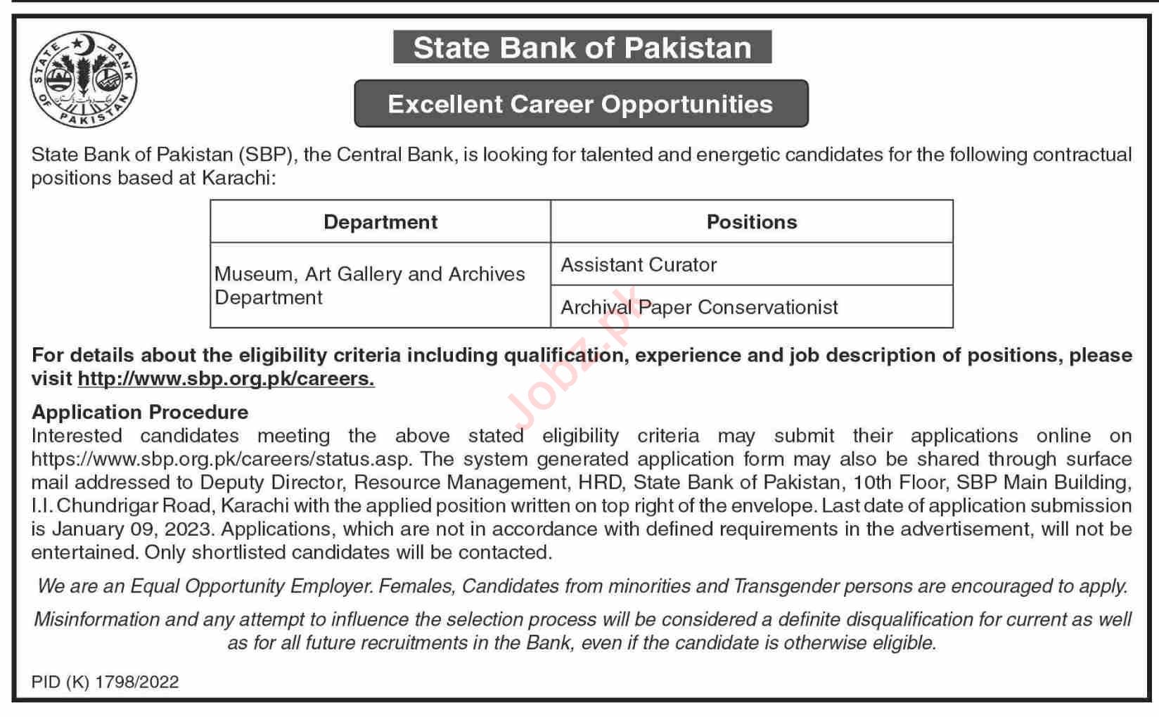 Latest State Bank of Pakistan SBP Bank Posts Karachi 2022