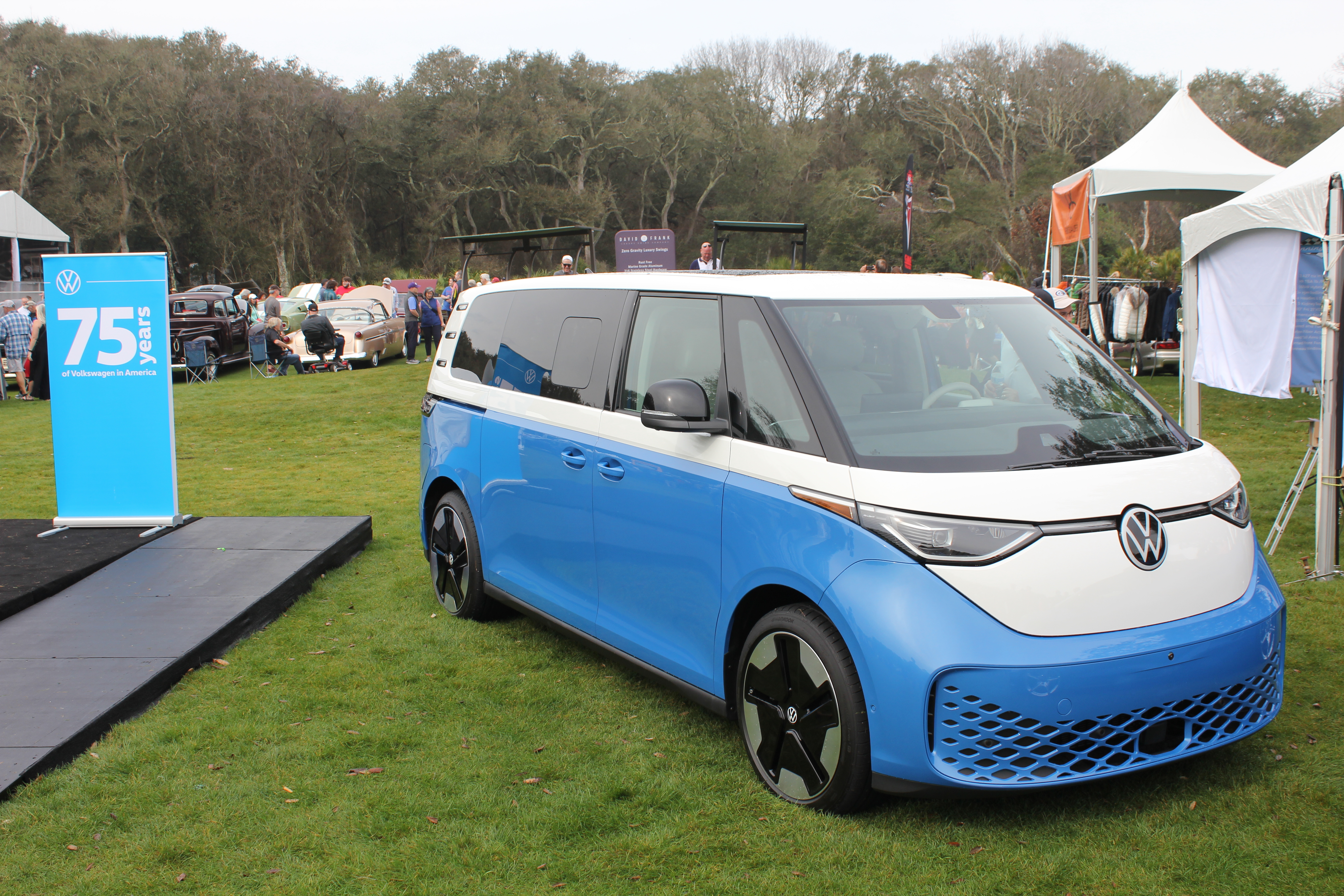 Celebrating 75 years in America, Volkswagen displayed their 2025 ID. Buzz all electric van. With styling cues from their 1960s Microbus, this van has 3 rows of seats, a range of 210 miles and a top speed of 90MPH.