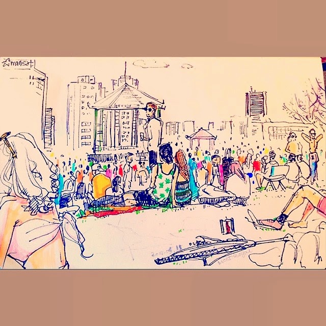 Portrait of Montrealer, Montreal urbansketch, sketchbook, live drawing, Mont-Royal, sunbathing crowd in park