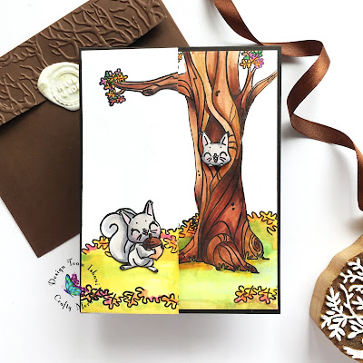 Cute Squirrel scene card, Tri fold card, Fancy fold card, Crafty Meraki Nutty friends stamp set, CAS Squirrel card,AAA,AAA Cards,Crafty Meraki,CAS card,Copic coloring, Quillish