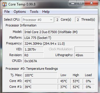 Core temp menu