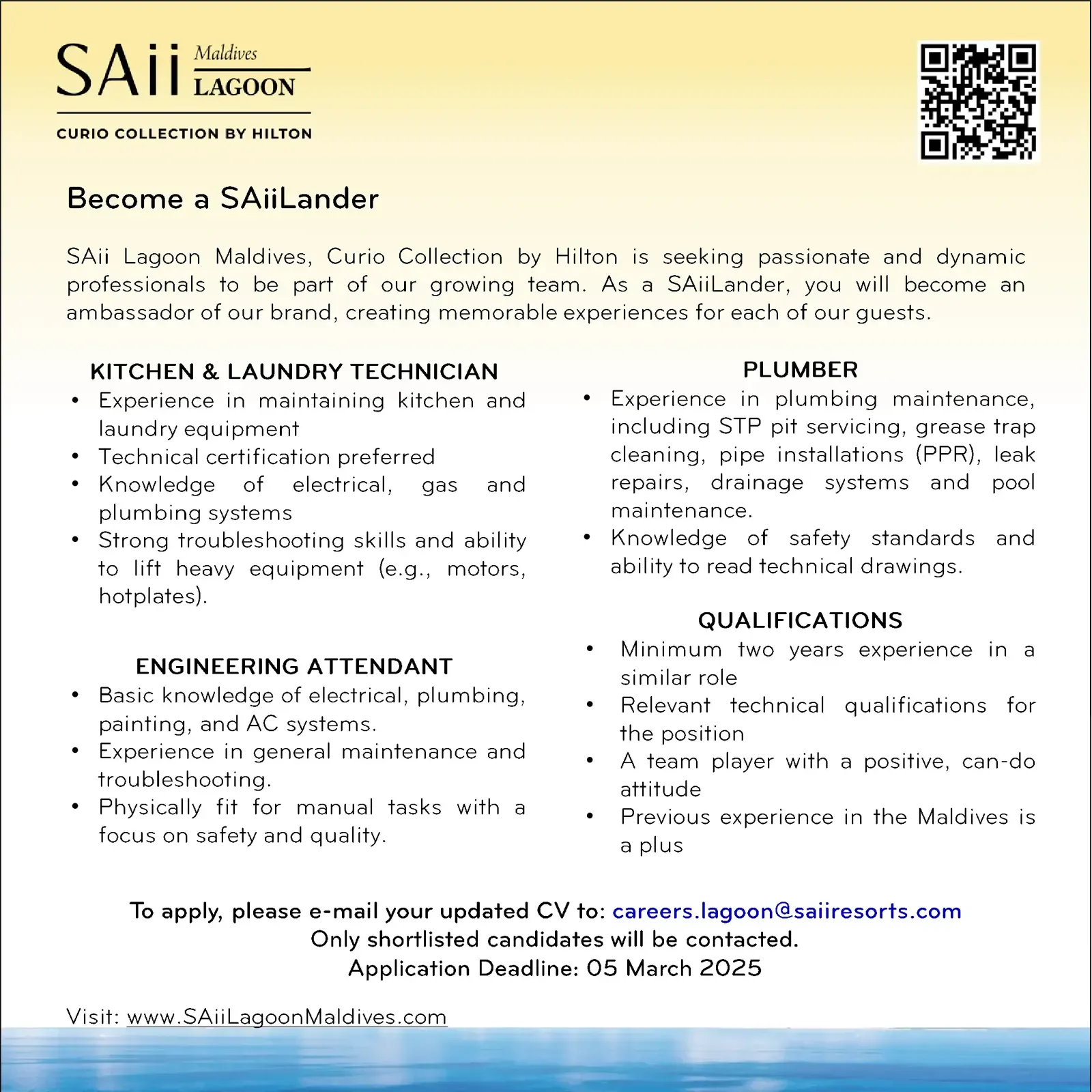 image of Kitchen & Laundry Technician, Plumber and Engineering Attendant Job Vacancy at CROSSROADS Maldives job advert