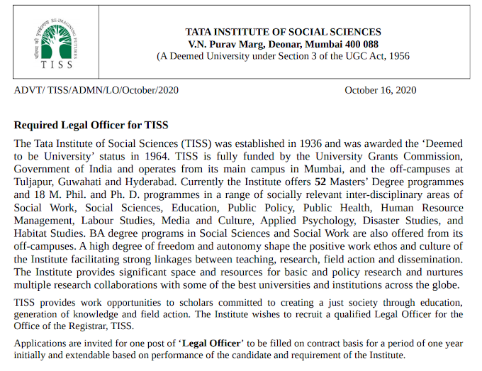 Required Legal Officer for TISS - last date 30/10/2020