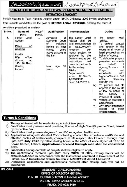 Government Job Of Senior Legal Expert In Punjab Housing And Town Planning Agency PHATA June 2020 In Lahore.