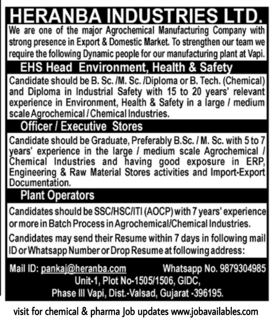 Job Availables, Heranba Industries Ltd Job Opening For Plant Operator/ EHS Head / Stores