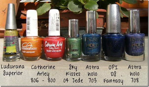 Rainbow holographic gradient, Ludurana Superior, Catherine Arley 800, Catherine Arley 806, Sky Kisses 04 Jede, Astra holo 703, OPI DS Fantasy, Astra holo 708