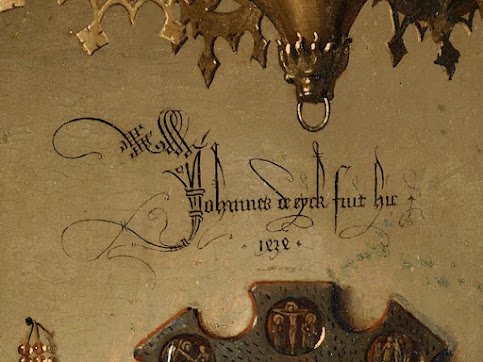 Imagen: Firma de van Eyck: Johannes de Eyck fuit hic 1434 (Jan van Eyck estuvo aquí en 1434).