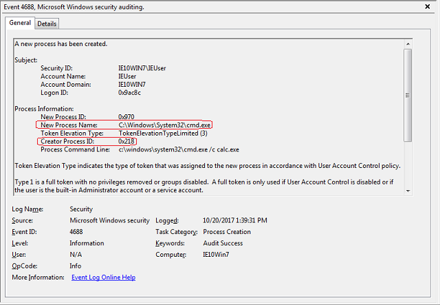 Windows earlier than Windows 10 or Server 2016 record the process creation, but not the creator process name.