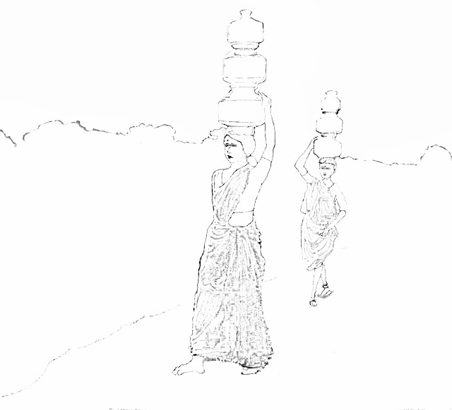 sketch of village women with water pots