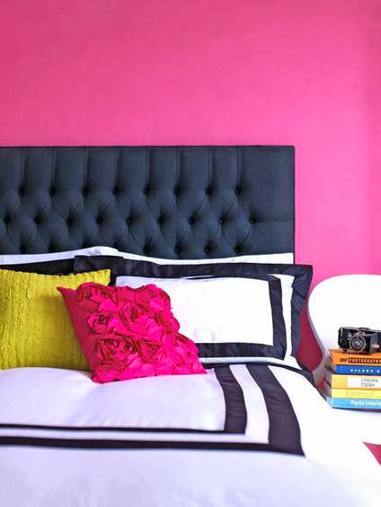 master bedroom design ideas, headboard, walls, pillows in bright colors