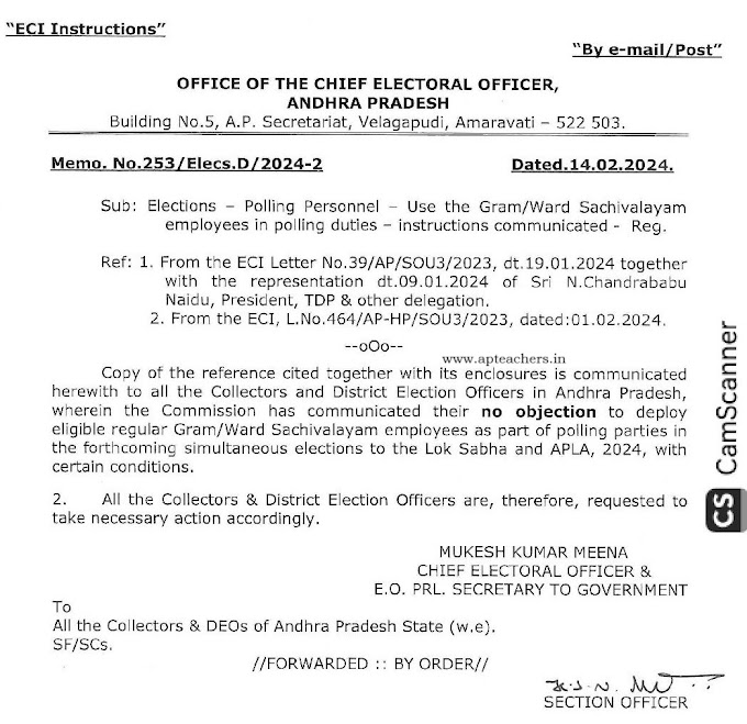 ECI Instructions on Gram/ Ward Sachivalayam Employees Polling Duties