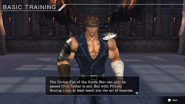 Imagem de Kenshiro em Fitness Boxing Fist of the North Star com uma caixa de texto escrito “O Divine Fist of the North Star só pode ser passado de pai para filho. Mas com Fitness Boxing, posso pelo menos lhe ensinar a arte do exercício."