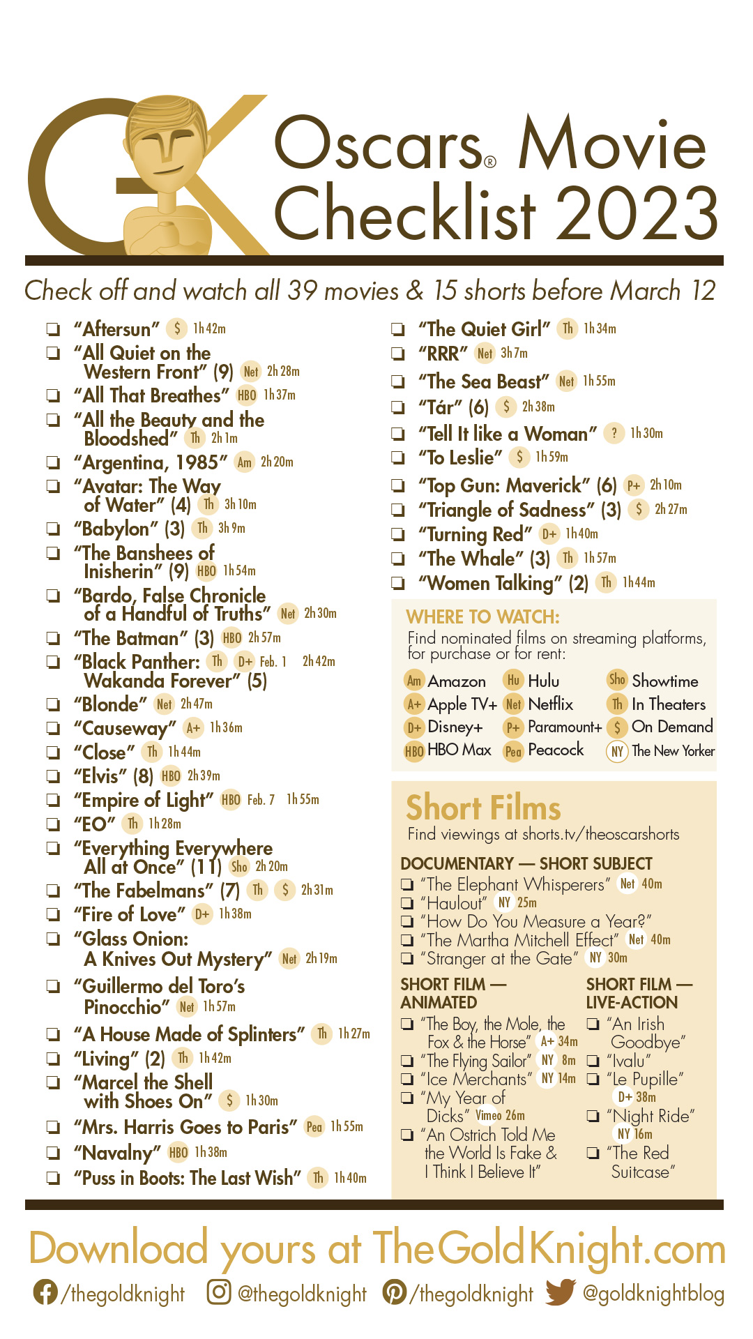 Oscars 2023 Download our printable movie checklist The Gold Knight