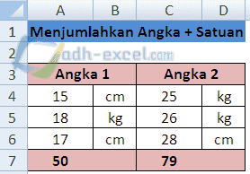 menjumlahkan angka yang memiliki satuan di excel