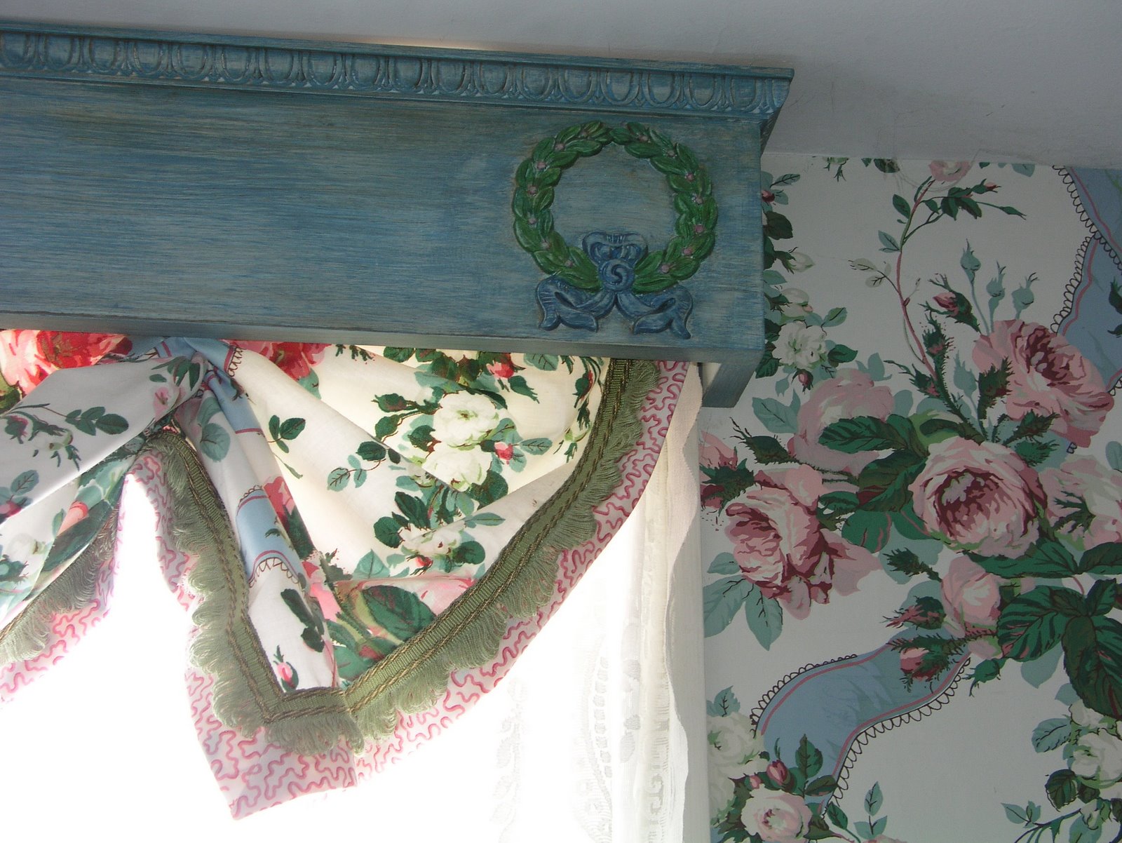 chintz and wallpaper, with a custom cornice. Note the second fabric ...