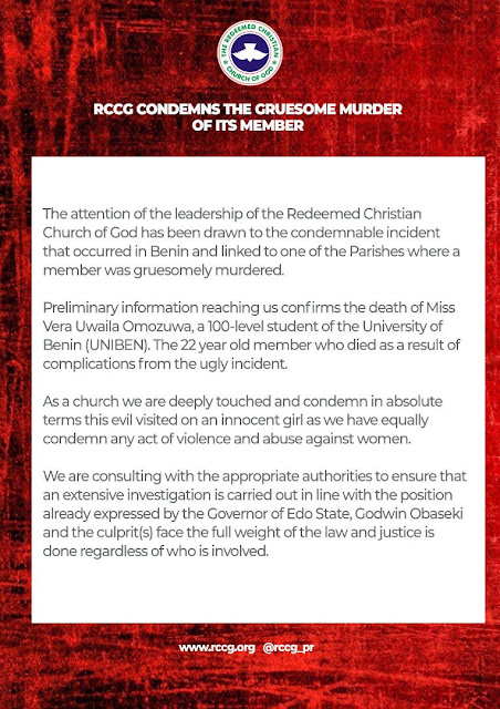 Pastor EA Adeboye reacts to the rape and murder of UNIBEN student, Uwa Omozuwa, in one of the branches of his church
