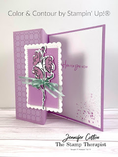 This purple fun fold card use Stampin' Up!'s Color & Contour Bundle (Color & Contour stamp set and Scalloped Contours Dies).  It also uses the new in colors Fresh Freesia and Soft Succulent (2021-2023), 2021-2023 In Color Shimmer Vellum, In-Color 6x6 Designer Series Paper Assortment, Wink of Stella, and Soft Succulent Open Weave Ribbon.  #StampinUp #InColor #StampTherapist #ColorandContour