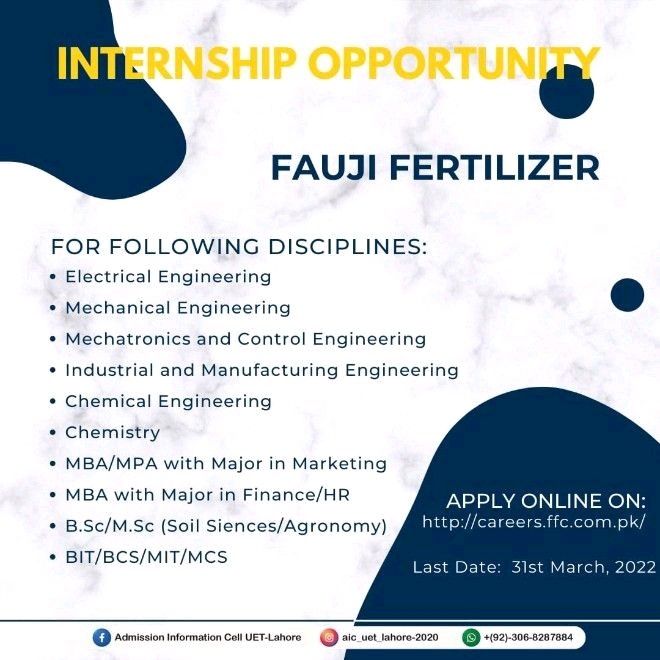 Fauji Fertilizer Company Ltd FFCL Internship Opportunity
