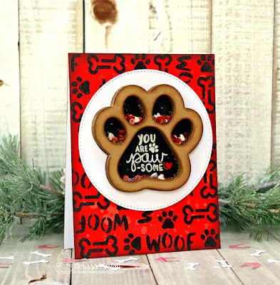 You Are Paw-Some by Larissa Heskett for Newton's Nook Designs used Say Woof Stamp Set, Woof Stencil, Pawprint Shaker Die Set, Therm O Web Metallix Gel in Black Ice, Gina K Designs Glitz Glitter Gel in Black #shakercard #newtonsnook #thermoweb