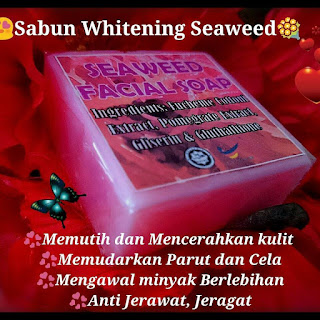 SABUN WHITENING SEAWEED   berasaskan Rumpai Laut AAA +  Bio Plasenta (SoyBean Plasenta) + Minyak Kelapa Dara + POMEGRATE EXTRACT +GLUTAHTHIONE,  Sangat sesuai untuk LELAKI & WANITA & REMAJA Khasiat: Bagi mendapatkan kembali kulit muka dan leher yang tegang dan anjal Menghapuskan kesan-kesan garis kedutan diatas kening, bawah kelopak mata, dahi dan leher Mendapatkan semula bentuk muka V dan menghilangkan rupa double chin. Cara penggunaan: Dua kali sehari untuk bahagian muka dan leher.