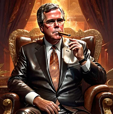 Jeb Bush wearing black leather suit puffing stogie