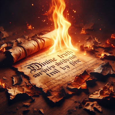 A burning flame hovers over ancient parchment, its edges crisping but the script glowing undiminished, symbolizing divine truth surviving trial by fire.